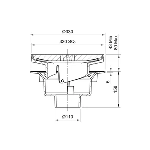 Frost Floor drain assembly heavy duty, adjustable 320mm grating square, large sump body cast iron vertical outlet 100mm DIA
