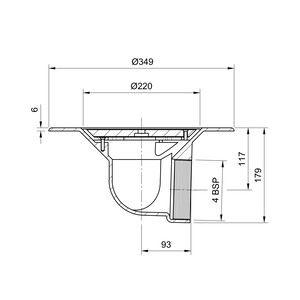 Frost Cold Roof drain assembly - cast iron grating, fixed 240mm circular, medium sump body with clamp, horizontal threaded outlet 4" BSP
