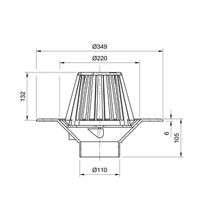 Frost Cold Roof drain assembly - fixed dome 220mm circular, medium sump body with clamp, vertical spigot outlet 110mm