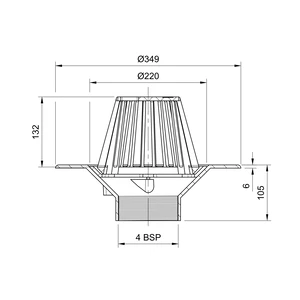 Frost Cold Roof drain assembly - fixed dome 220mm circular, medium sump body with clamp, vertical threaded outlet 4" BSP