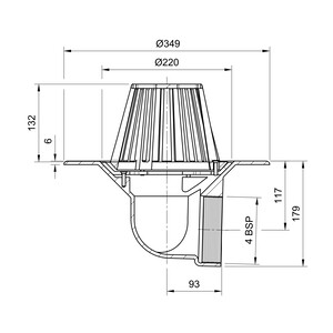 Frost Cold Roof drain assembly - fixed dome 220mm circular, medium sump body with clamp, horizontal threaded outlet 4" BSP