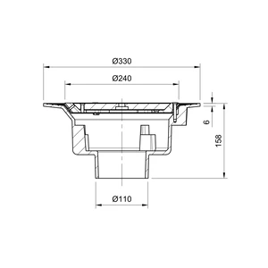 Frost Cold Roof drain assembly - cast iron grating, fixed 240mm circular, large sump body with clamp, vertical spigot outlet 110mm