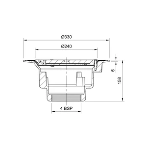 Frost Cold Roof drain assembly - cast iron grating, fixed 240mm circular, large sump body with clamp, vertical threaded outlet 4" BSP