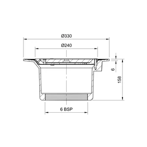 Frost Cold Roof drain assembly - cast iron grating, fixed 240mm circular, medium sump body with clamp, vertical threaded outlet 6" BSP