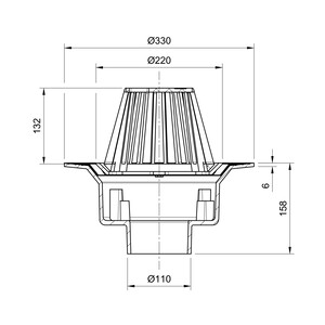 Frost Cold Roof drain assembly - fixed dome 220mm circular, large sump body with clamp, vertical spigot outlet 110mm