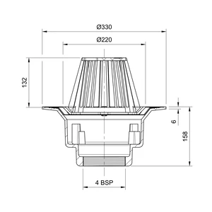 Frost Cold Roof drain assembly - fixed dome 220mm circular, large sump body with clamp, vertical threaded outlet 4" BSP