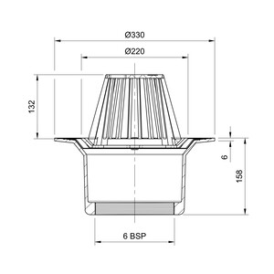 Frost Cold Roof drain assembly - fixed dome 220mm circular, large sump body with clamp, vertical threaded outlet 6" BSP