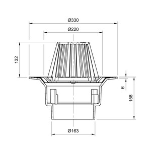 Frost Cold Roof drain assembly - fixed dome 220mm circular, large sump body with clamp, vertical spigot outlet 160mm