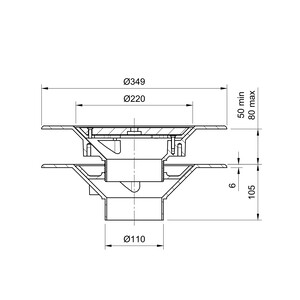 Frost Warm Roof drain assembly - cast iron grating, fixed 240mm circular, medium sump body with clamp, vertical spigot outlet 110mm