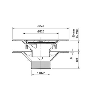 Frost Warm Roof drain assembly - cast iron grating, fixed 240mm circular, medium sump body with clamp, vertical threaded outlet 4" BSP