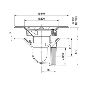 Frost Warm Roof drain assembly - cast iron grating, fixed 240mm circular, medium sump body with clamp, horizontal threaded outlet 4" BSP