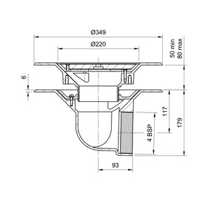 Frost Warm Roof drain assembly - cast iron grating, fixed 240mm circular, medium sump body with clamp, horizontal threaded outlet 4" BSP