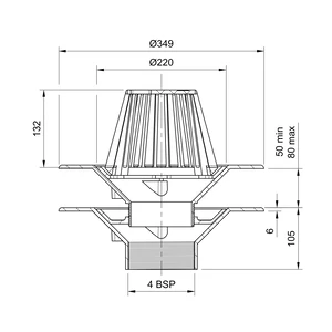 Frost Warm Roof drain assembly - fixed dome 220mm circular, large sump body with clamp, vertical threaded outlet 4" BSP