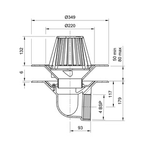 Frost Warm Roof drain assembly - fixed dome 220mm circular, large sump body with clamp, horizontal threaded outlet 4" BSP