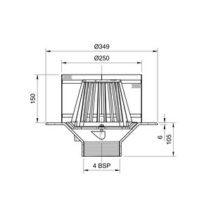 Frost Inverted Roof drain assembly - fixed dome 220mm and 150mm gravel guard, medium sump body with clamp, vertical threaded outlet 4" BSP