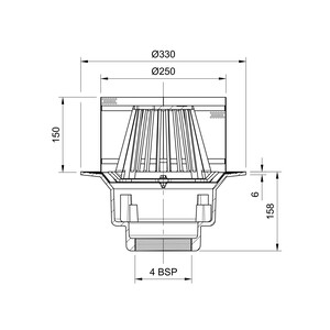Frost Inverted Roof drain assembly - fixed dome 220mm and 150mm gravel guard, large sump body with clamp, vertical threaded outlet 4" BSP