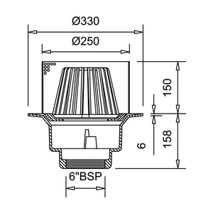 Frost Inverted Roof drain assembly - fixed dome 220mm and 150mm gravel guard, large sump body with clamp, vertical threaded outlet 6" BSP