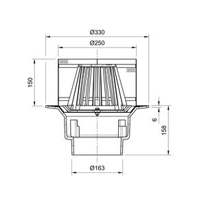 Frost Inverted Roof drain assembly - fixed dome 220mm and 150mm gravel guard, large sump body with clamp, vertical spigot outlet 160mm