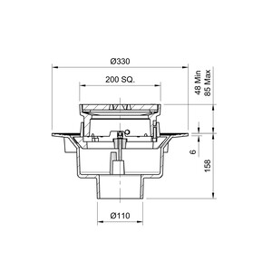 Frost Inverted Roof drain assembly - cast iron grating adjustable 200mm square, large sump body with clamp, vertical spigot outlet 110mm