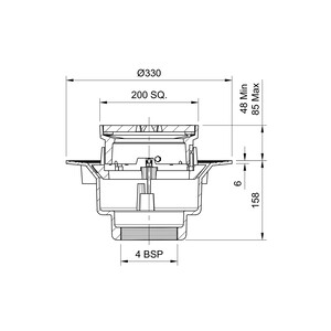 Frost Inverted Roof drain assembly - cast iron grating adjustable 200mm square, large sump body with clamp, vertical threaded outlet 4" BSP