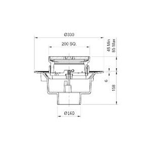 Frost Inverted Roof drain assembly - cast iron grating 200mm square, large sump body with clamp, vertical spigot outlet 160mm