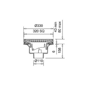 Frost Inverted Roof drain assembly - cast iron grating adjustable 320mm square, large sump body with clamp, vertical spigot outlet 110mm