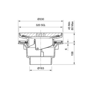 Frost Inverted Roof drain assembly - cast iron grating 320mm square, large sump body with clamp, vertical spigot outlet 160mm