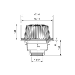 Frost Cold Roof drain assembly - cast aluminium dome 310mm, large sump body with clamp, vertical threaded outlet 4" BSP