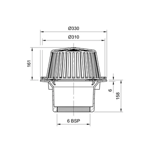 Frost Cold Roof drain assembly - cast aluminium dome 310mm, large sump body with clamp, vertical threaded outlet 6" BSP