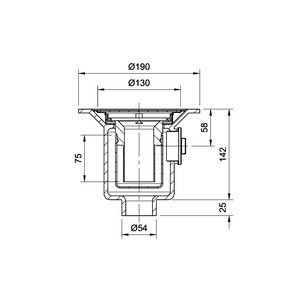 Frost Shower drain assembly trapped with clamp for vinyl floors, fixed grating 130mm round small sump body cast iron vertical 50mm spigot outlet