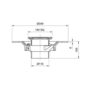 Frost Floor drain 150mm square stainless steel grating 3mm slots with medium sump body and spigot outlet size 100mm