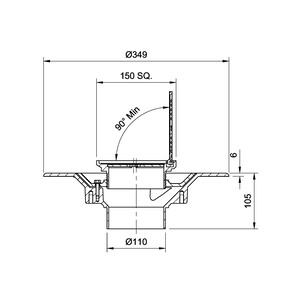Frost Floor drain 150mm square nickel bronze grating with hinged cover plate and medium sump body with spigot outlet size 100mm