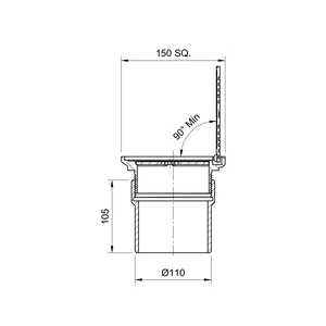 Frost Floor drain 150mm square stainless steel grating with hinged cover plate and medium sump body with spigot outlet size 100mm