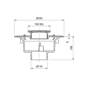 Frost Floor drain 150mm square stainless steel grating 3mm slots with large sump body and spigot outlet size 100mm