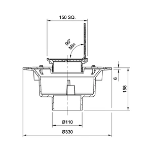 Frost Floor drain 150mm square nickel bronze grating with hinged cover plate with large sump body and spigot outlet size 100mm