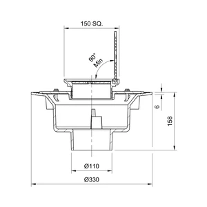 Frost Floor drain 150mm square stainless steel grating with hinged cover plate with large sump body and spigot outlet size 100mm