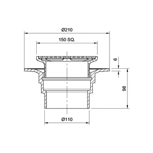 Frost Floor drain 150mm square nickel bronze grating with small sump body and spigot outlet size 100mm