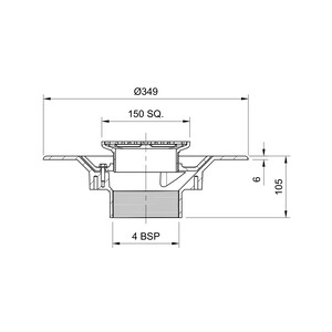 Frost Floor drain 150mm square nickel bronze grating with medium sump body and threaded outlet size 4" BSP