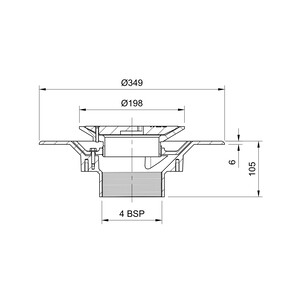 Frost Floor drain 200mm circular ductile iron grating with medium sump body and threaded outlet size 4" BSP