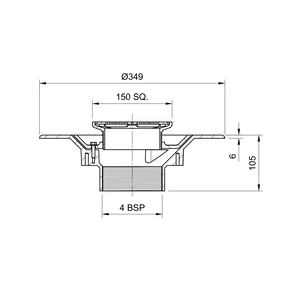 Frost Floor drain 150mm square stainless steel grating with hinged cover plate with medium sump body and threaded outlet size 4" BSP