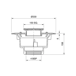 Frost Floor drain 150mm square stainless steel grating with large sump body and threaded outlet size 4" BSP