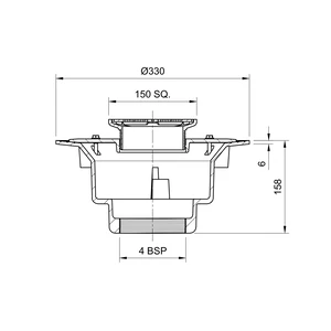 Frost Floor drain 150mm square stainless steel grating 3mm slots with large sump body and threaded outlet size 4" BSP