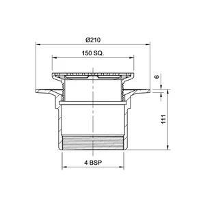 Frost Floor drain 150mm square nickel bronze grating with small sump body and threaded outlet size 4" BSP