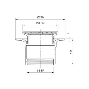Frost Floor drain 150mm square stainless steel grating with small sump body and threaded outlet size 4" BSP