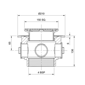 Frost Floor drain 150mm square nickel bronze grating and medium sump body with side inlets and threaded outlet size 4" BSP