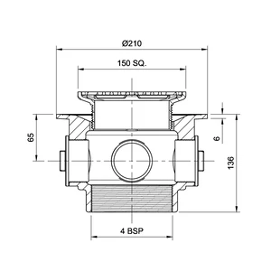 Frost Floor drain 150mm square stainless steel grating and medium sump body with side inlets and threaded outlet size 4" BSP
