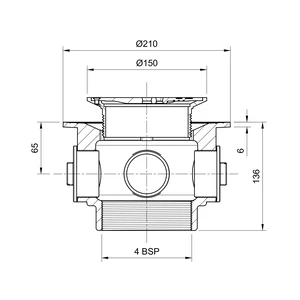 Frost Floor drain 150mm circular stainless steel grating and medium sump body with side inlets and threaded outlet size 4" BSP