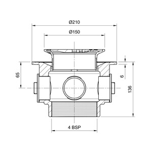 Frost Floor drain 150mm circular stainless steel grating and medium sump body with side inlets and threaded outlet size 4" BSP