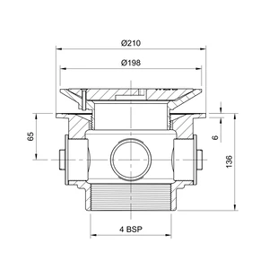 Frost Floor drain 200mm circular ductile iron grating and medium sump body with side inlets and threaded outlet size 4" BSP