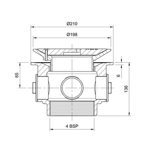 Frost Floor drain 200mm circular ductile iron grating and medium sump body with side inlets and threaded outlet size 4" BSP